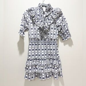 The Shirt by Rochelle Behrens Ruffle Mini Dress Blue/White Embroidery Eyelet